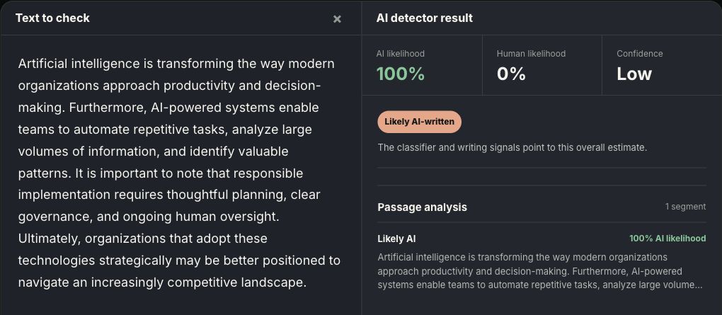 HumanizeText AI Detector showing an AI likelihood result, confidence level, and passage analysis for a real sample