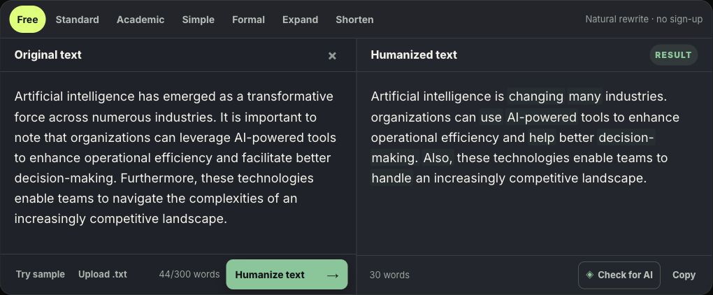 HumanizeText editor showing the original AI-generated sample beside its shorter humanized result